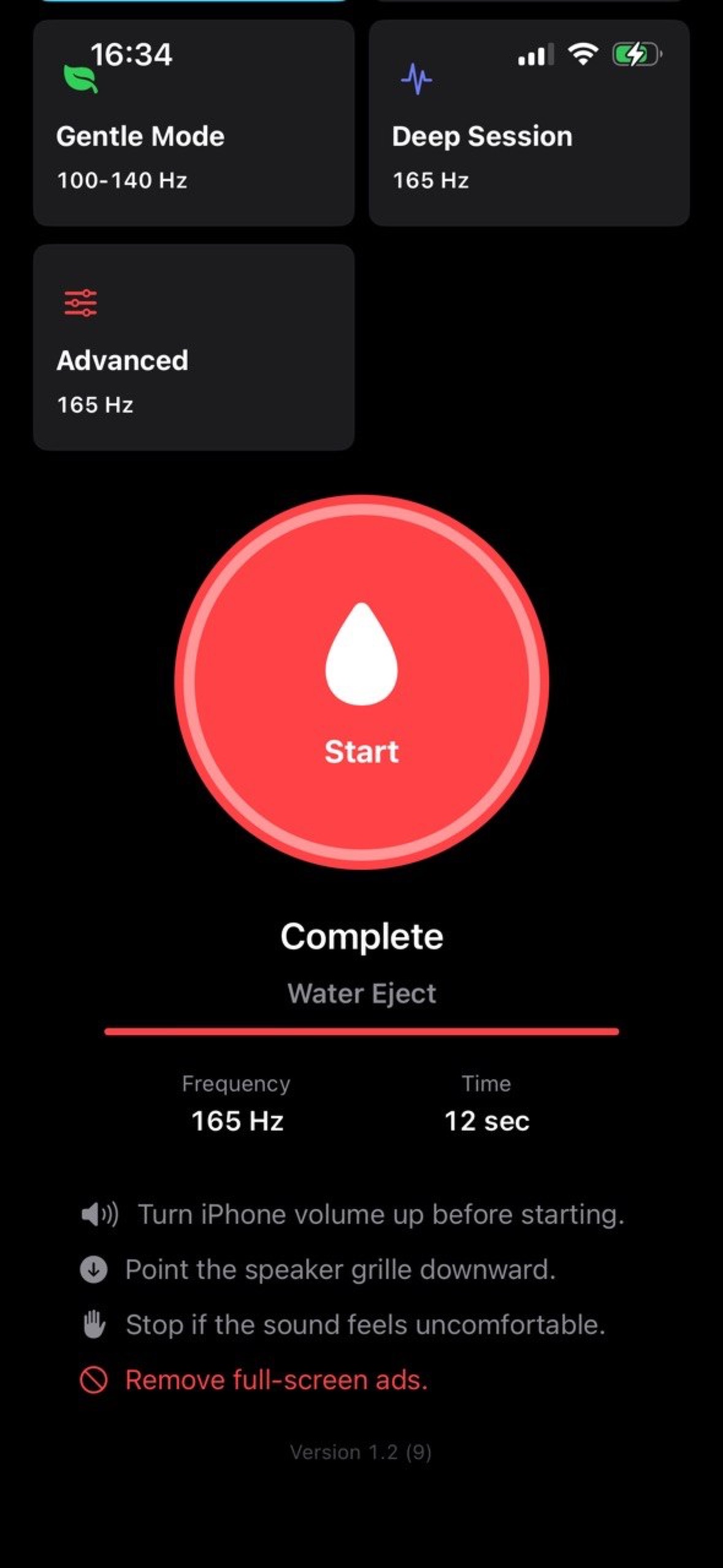 Speaker Cleaner main screen with mode cards, Start button, completion status, frequency, and time.
