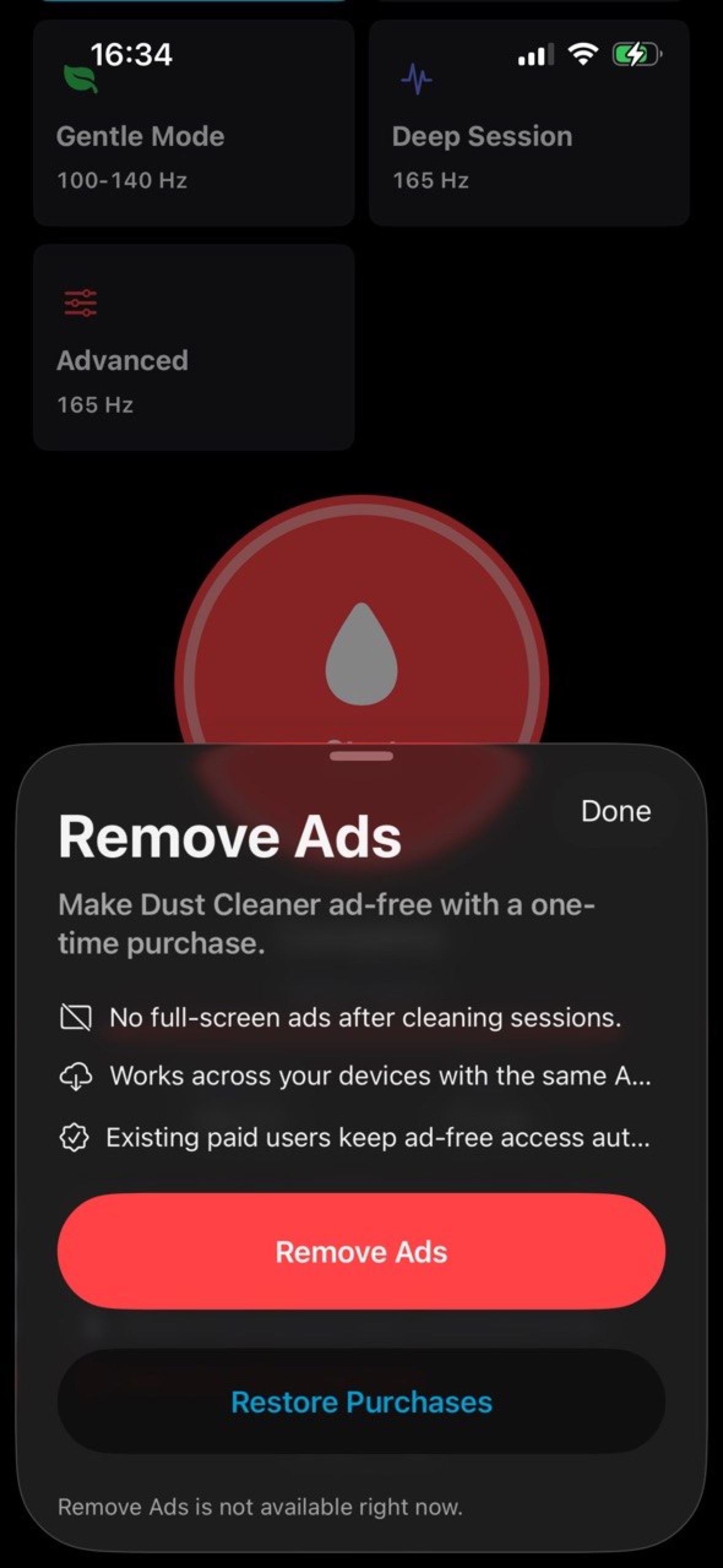 Speaker Cleaner Remove Ads sheet with purchase and restore controls.