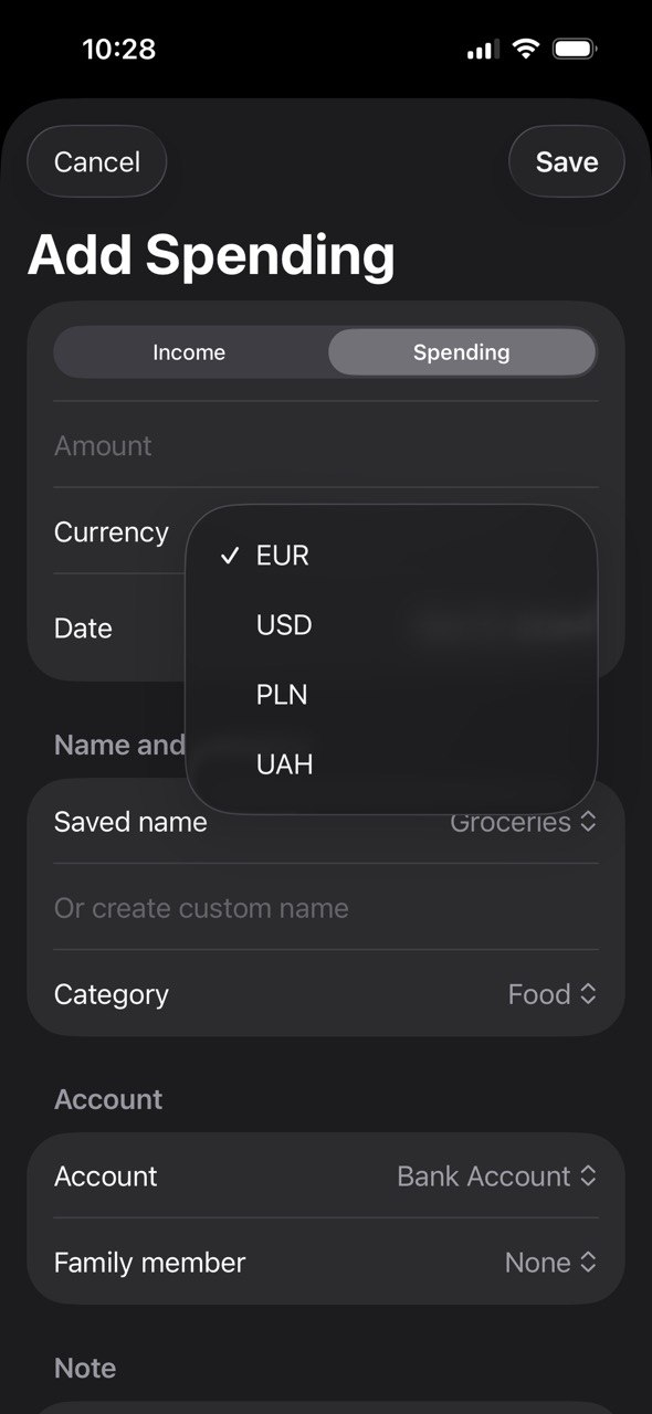 MyFinance Add Spending screen with currency, saved name, category, account, and family fields.