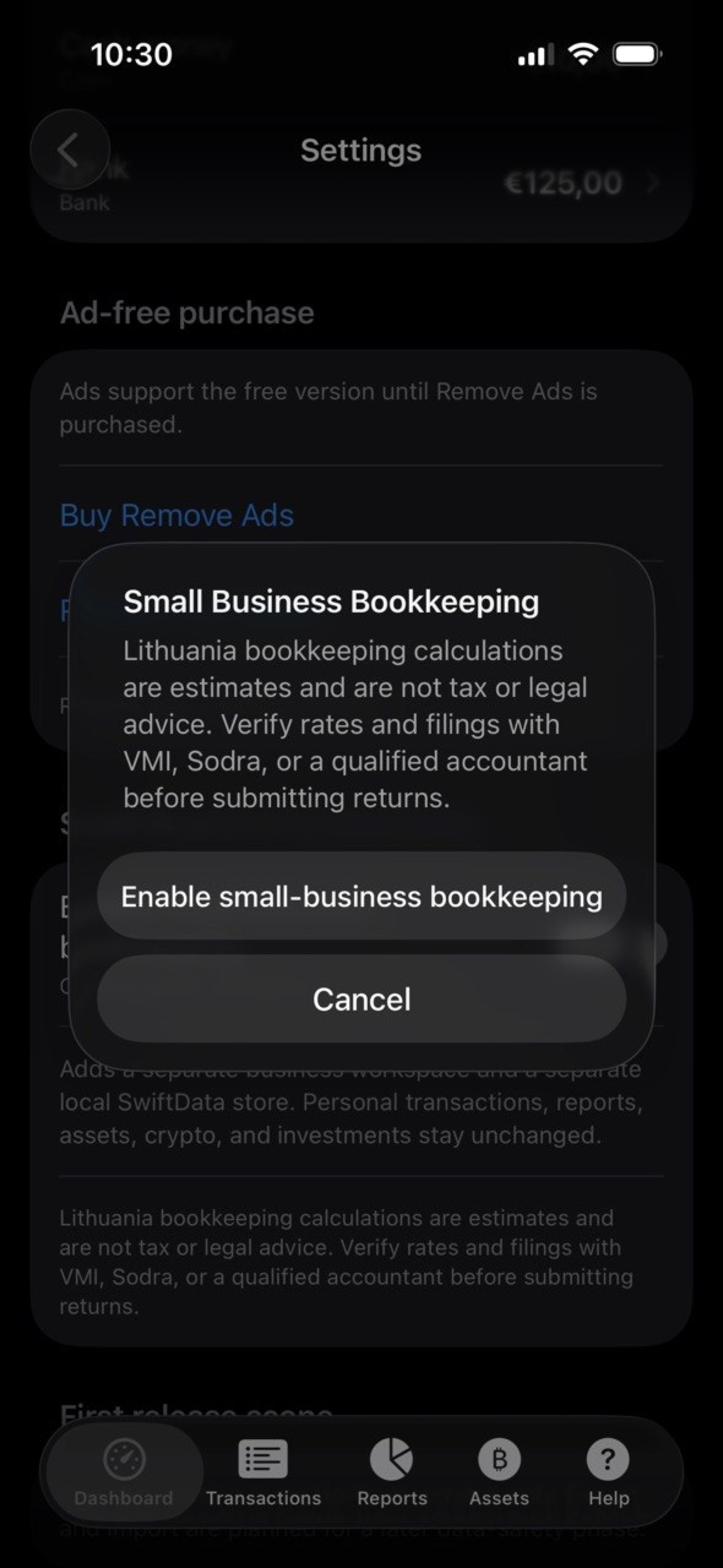MyFinance settings showing Lithuania small-business bookkeeping disclaimer before enabling.