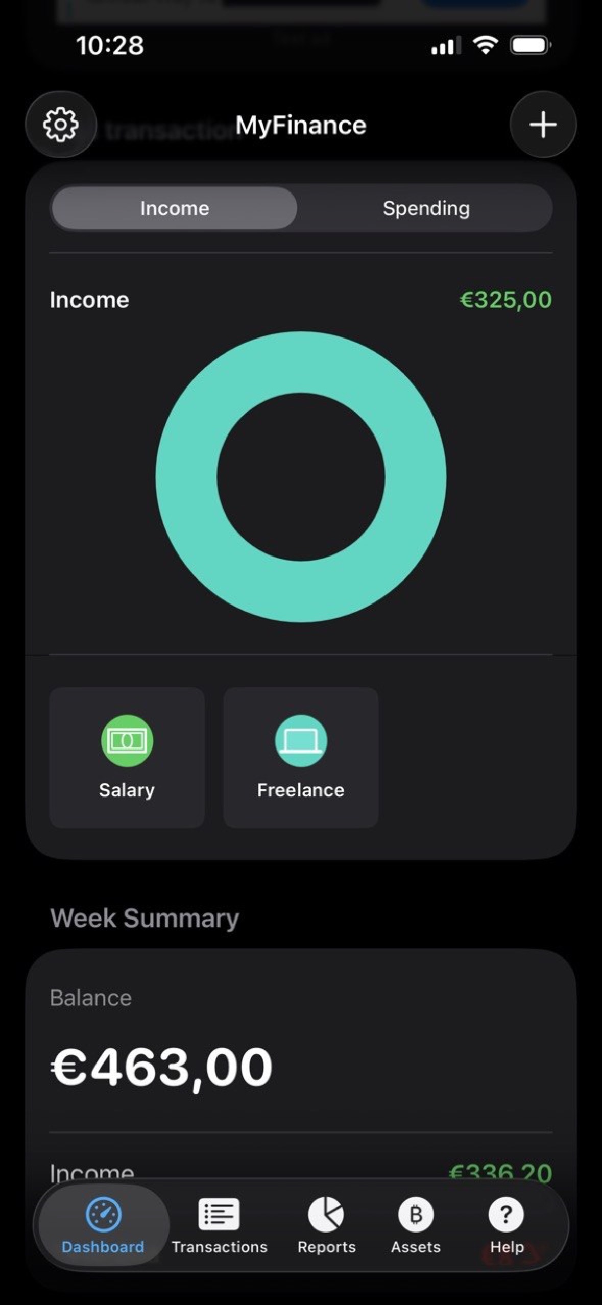 MyFinance dashboard showing income summary and weekly balance.