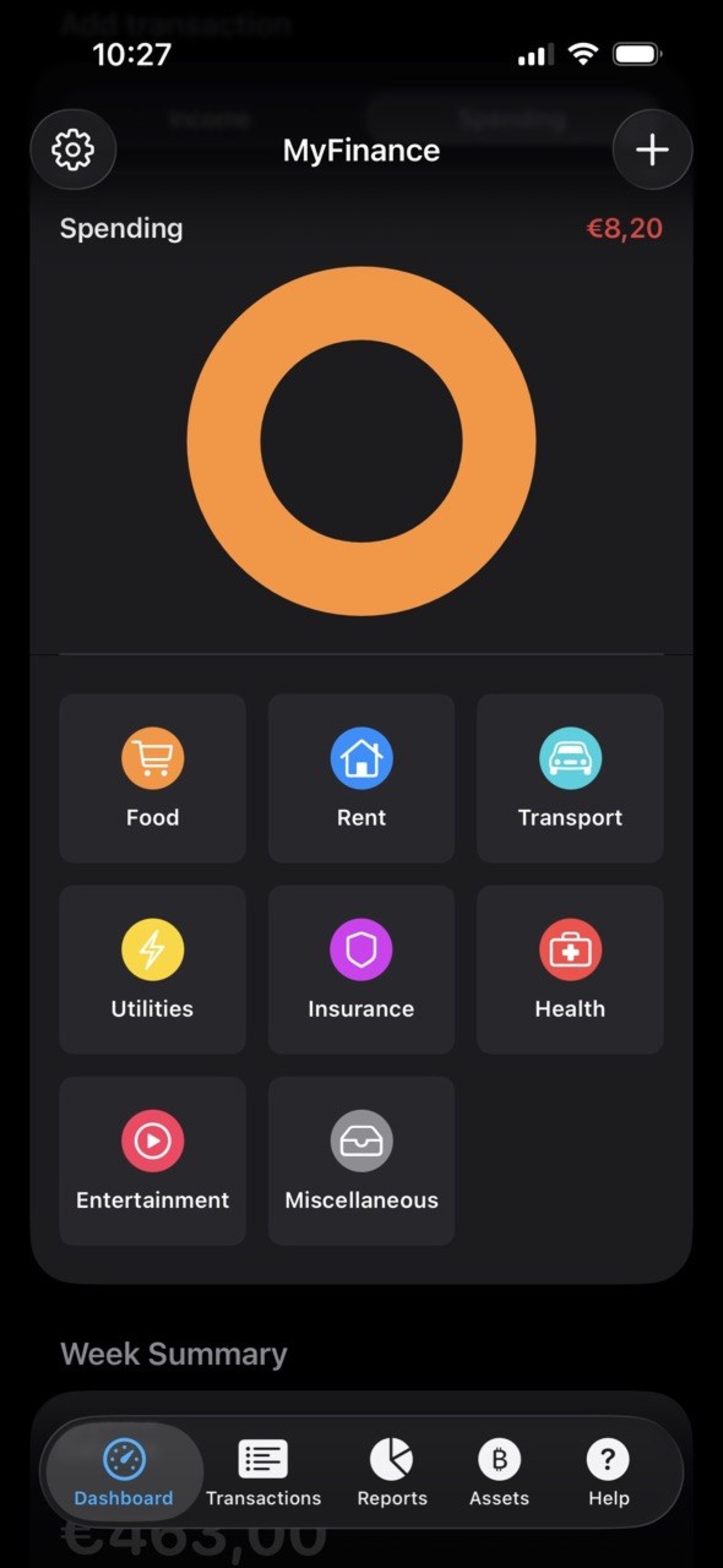 MyFinance dashboard showing spending summary and quick spending categories.