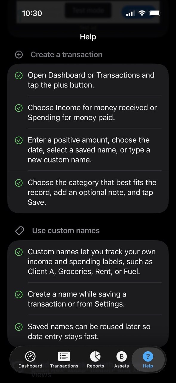 MyFinance Help screen explaining how to create a transaction and use custom names.