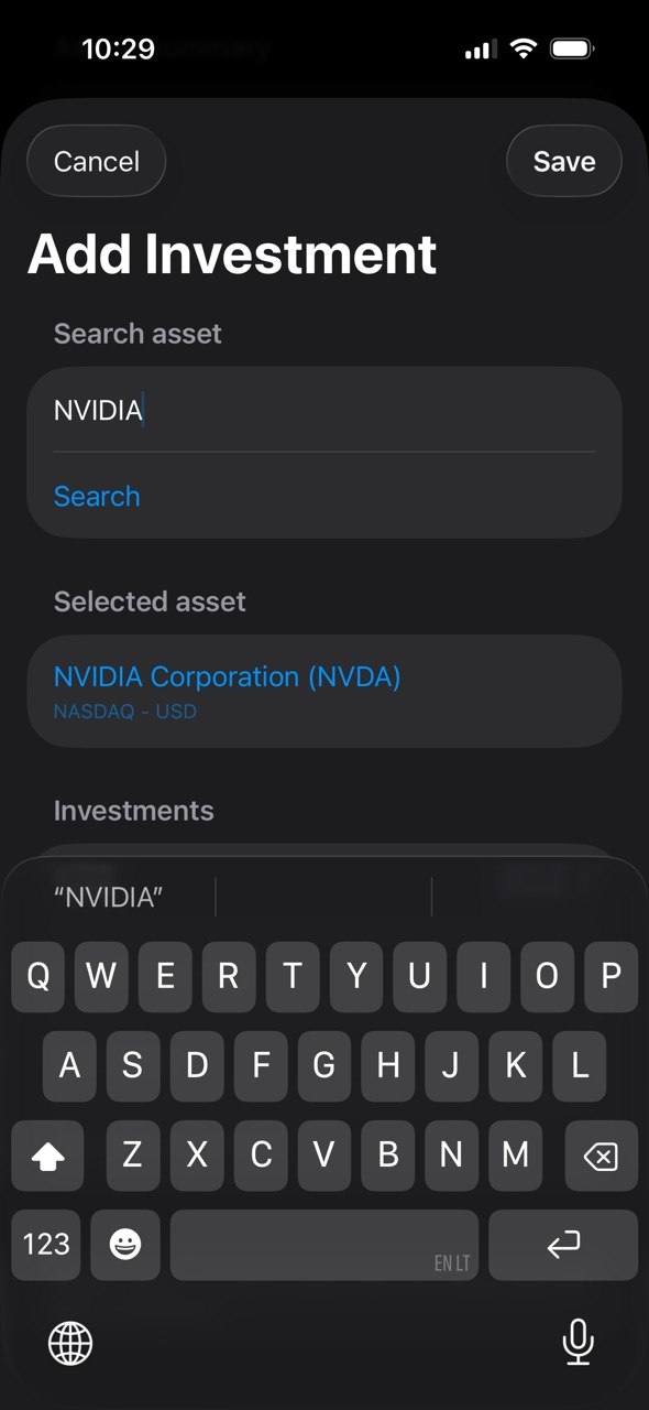 MyFinance Add Investment screen showing NVIDIA stock search result.
