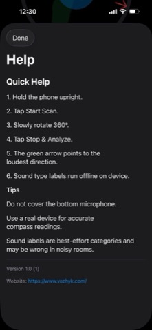 NoiseRadar Listen mode showing live sound level and sound type.
