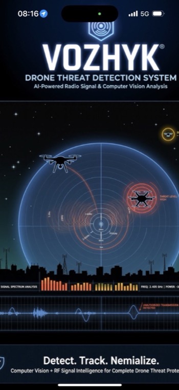 Vozhyk live scanner screen with drone awareness interface.